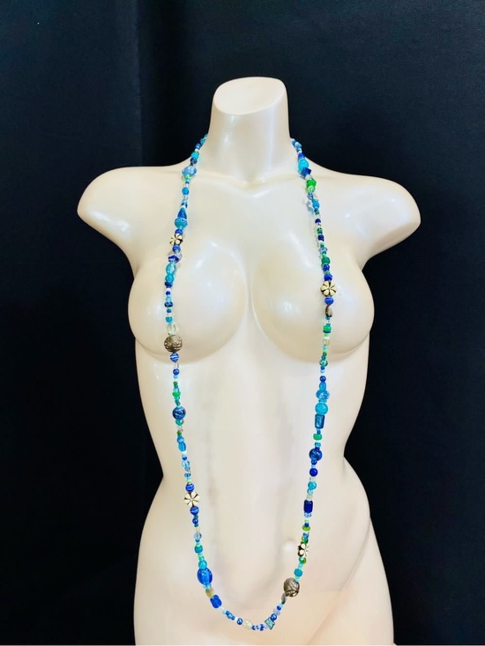 Handmade Blue & Green Beaded Necklace with Floral Accents